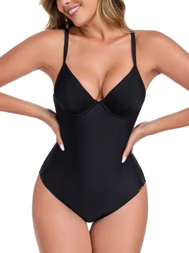 Tummy Control V Neck One Piece, Black