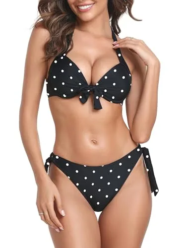 Halter Bikini Set, Black (black polka dot)